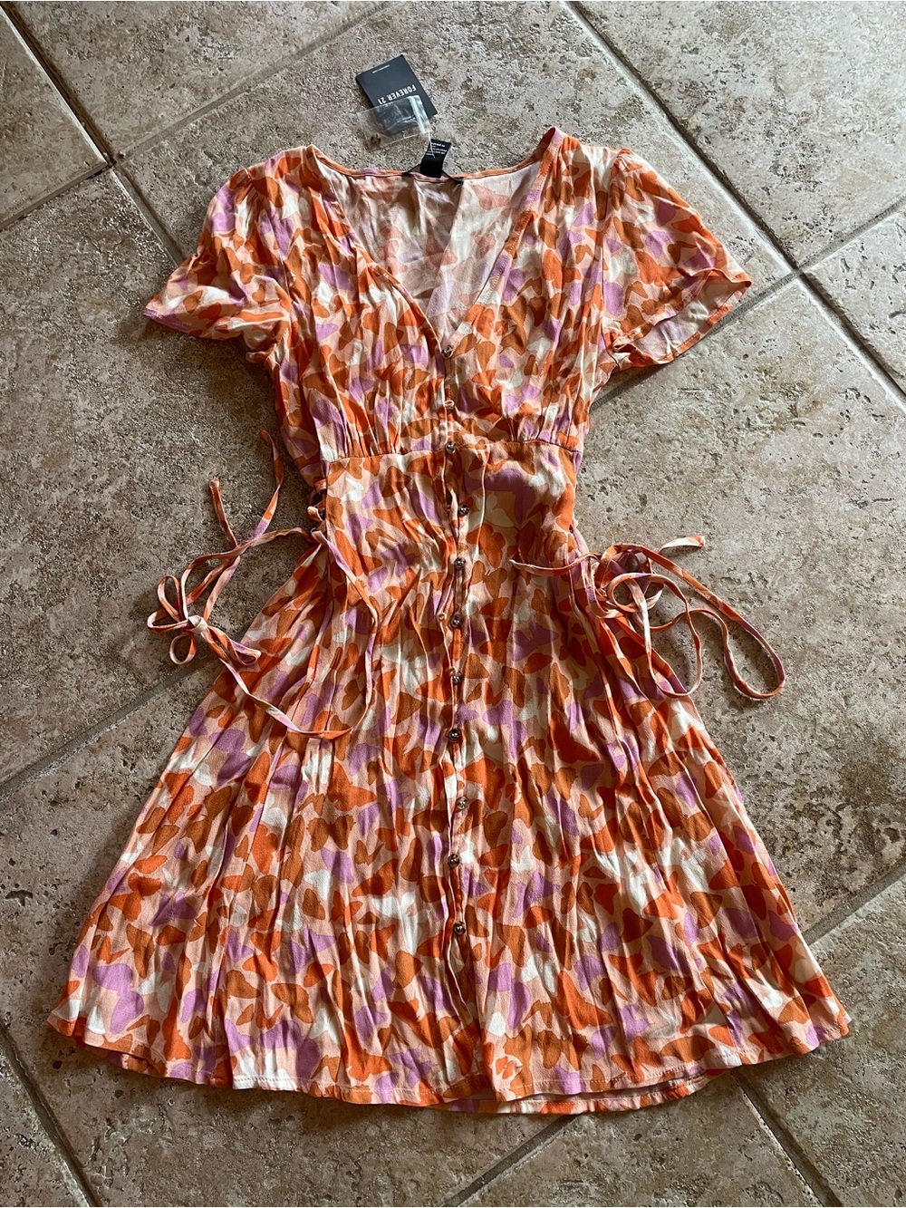 Forever 21 Orange and Purple Floral Button-Front Mini Dress